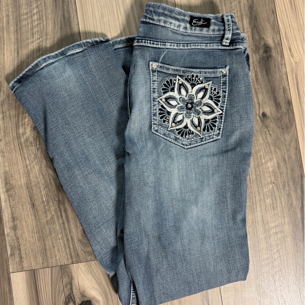 Earl Jean Womens Slim Bootcut Jeans Blue Medium Wash Embroidered Rhinestone 14